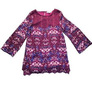 Love Fire Women's Floral Top/Dress M‎ Gold Thread Lace Bottom Sheer Flare Sleeve